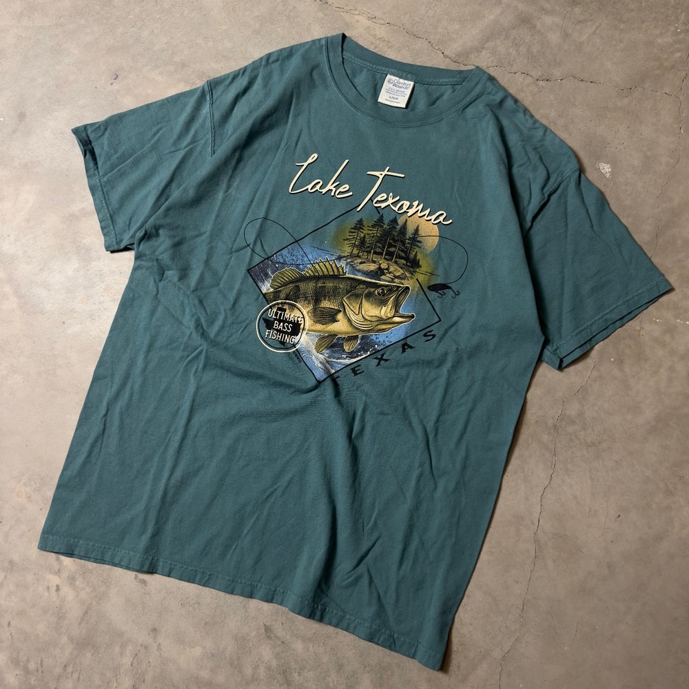 Comfort Wash Lake Texoma Bass Fishing T-Shirt Men Large Teal Blue Gorpcore Retro